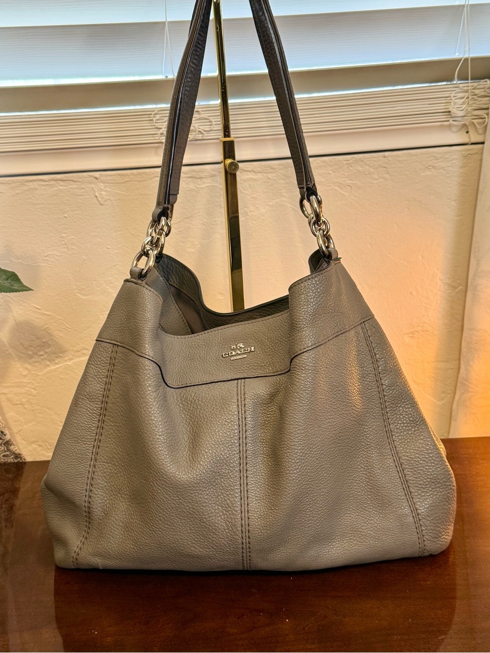 Coach Gray Pebbled Leather Shoulder Bag with Chain Accents